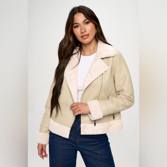 142. Nyla Faux Leather Winter Biker Coat in Cream - Picture 1 of 5